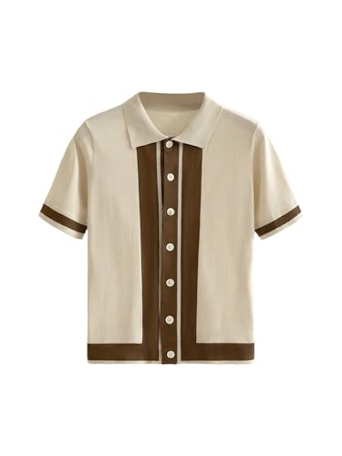 Verdusa Men's Colorblock Button Down Shirts Old Money Business Casual Collared Knit Tops