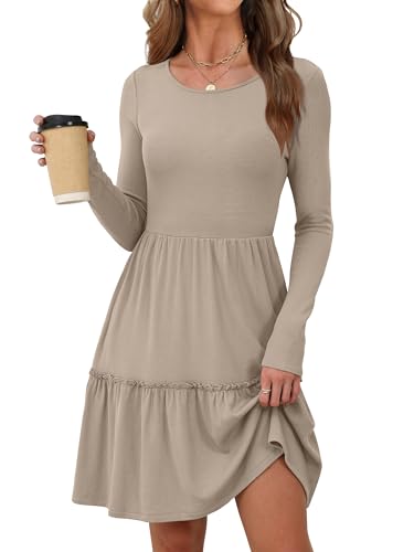 ANRABESS Womens Long Sleeve Ribbed Short Dresses 2025 Fall Knit A Line Flowy Tiered Casual Mini Sweater Dress with Pockets Tan M