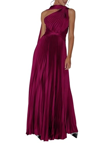 Lover Kisser Women's One Shoulder Bridesmaid Dress with Scarf Satin Pleated A Line Formal Evening Dress for Wedding Long