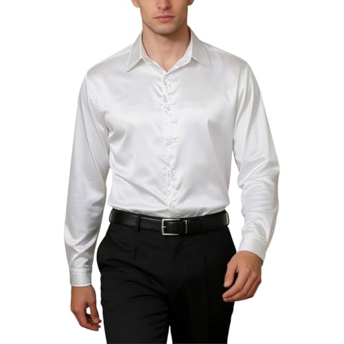 Camisa Informal para Hombre de Manga Larga con Diseño de Solapa y Acabado en Color Sólido (White, M) c109