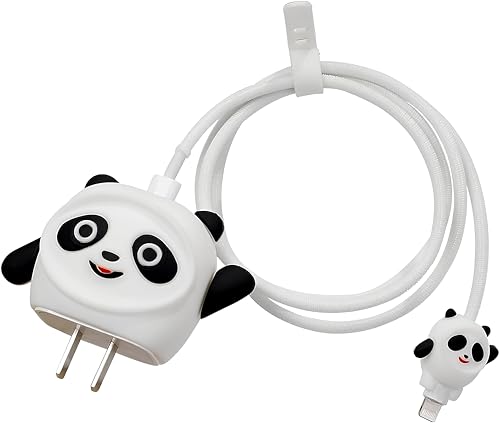 Image of skysia Charger & Cable Protector for iPhone (18W-20W) - 3D Cute White Panda Design, Full Protection Cover, Data Line Wire Saver, 4-in-1 Silicone Set (Multicolored, Pack of 1)