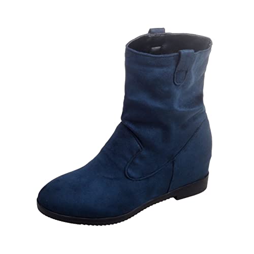 Botines genéricos para mujer de tacón plano plisado redondo, estilo inglés, piel lisa, moda cómoda, azul, 41 EU