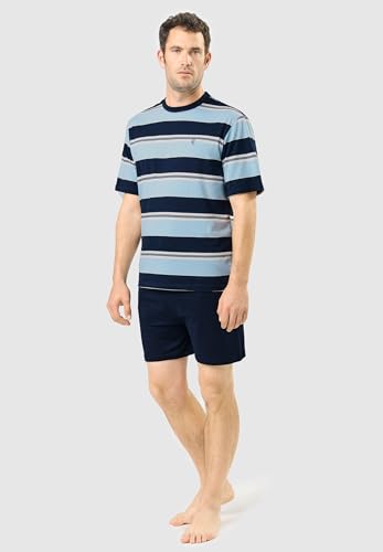 El Búho Nocturno Mens Pajama Set Short Sleeve Summer Cotton Knit Striped Pajama Set for Men, 100% Cotton, Blue 3082, L2