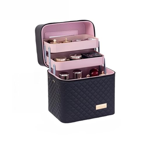 「Jiasemine」メイクボックス コスメボックス 大容量 化粧箱 収納ケース 小物入 ブラック ミラー付 (ブラック,24*17*24cm)