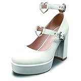 MUBUPUXU Women's Sexy Thick Heels Platform Heart Buckle Strap Mary Janes High Heel Round Toe Goth Shoes (White, US, 8)
