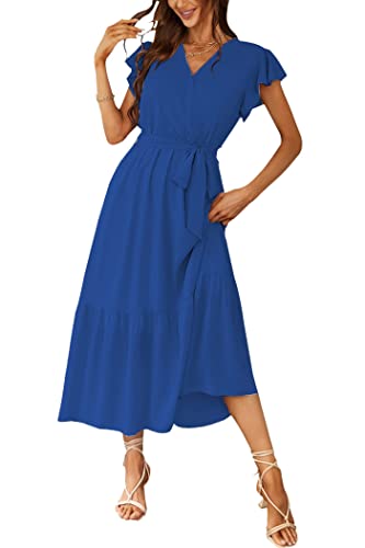 PRETTYGARDEN Women's Summer Floral Boho Maxi Dress Wrap Short Sleeve V Neck Ruffle A-Line Flowy Wedding Guest Long Dresses