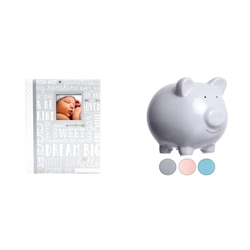 Lil Peach & Pearhead Baby’s First Financial and Memory Keeping Bundle - Memory Book & Large Ceramic Piggy Bank