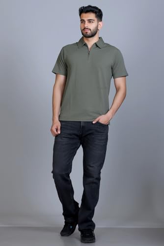 Image of AMOLDO Men's Textured Solid Polo T-Shirt with Zipper