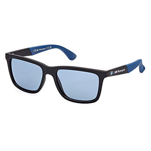 BMW M Motorsport BS0031 Gafas de Sol para Hombre, Gafas de Sol Ligeras y Casual, Lentes Rectangulares Azul Polarizado, Negro Mate