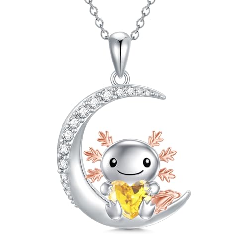 Image of PROESS Animal Birthstone Necklace 925 Sterling Silver Otter /Axolotl /Hippo /Elephant /Dachshund /Monkey /Red Panda Pendant Necklace Animal Birthstone Jewelry Gifts for Women