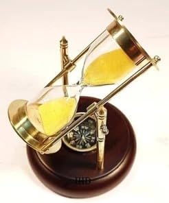 Vintage Nautical Brass Sand Timer Hourglass with Compass on Wooden Base, Natural Wood Brown, 6x4x3.5 Inches