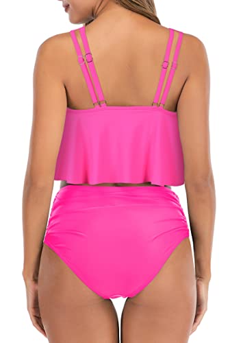 Image of Women High Waisted Bikini Swimsuit Flounce Vintage 2 Piece Bathing Suits | Vintage,tummy control,two piece bathing suits,plus size,swimwear,ruffled,tankini top,bikini bottom