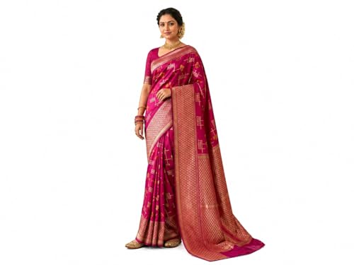 Rani Pink Silk Saree with Gold Zari Motifs, Woven Border and Pallu, Festive and Office Wear