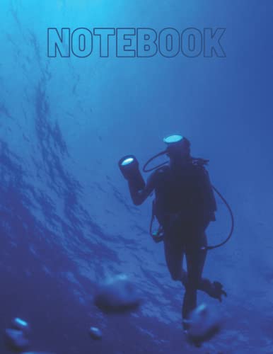 3164WDdo9AL. SL500 NOTEBOOK: Scuba diver holding underwater flashlight, blue water background. Perfect for underwater flashlight lovers to use at diving school, to keep tabs on equipment and favorite dives.