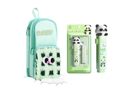 Image of Kawaii Cute Green Pencil Pouch with Push-Pull Eraser Set for Kids Soft Plush Cartoon Stationery Combo School Supplies for Boys & Girls Multi-Pocket Zipper Case + Eraser | Gift Pack