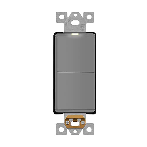 Image of LIDER Minimalist Design Lighted Double Switch, Combination Frameless Decorator Switch with Locator Light, Ground Terminal, Single Pole, 15A 120V-277V, UL Listed, Thermoplastic, Matte Gray, 1-Pack