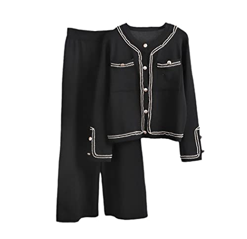 Survêtement confortable noir en maille avec pantalon fluide coupe large pour un style décontracté