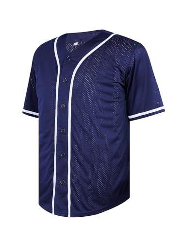 Mens Baseball Jersey Plain Button Down Short Sleeve Sports Uniforms Hipster Hip Hop Jersey (darkblue whiteribbon-2XL)