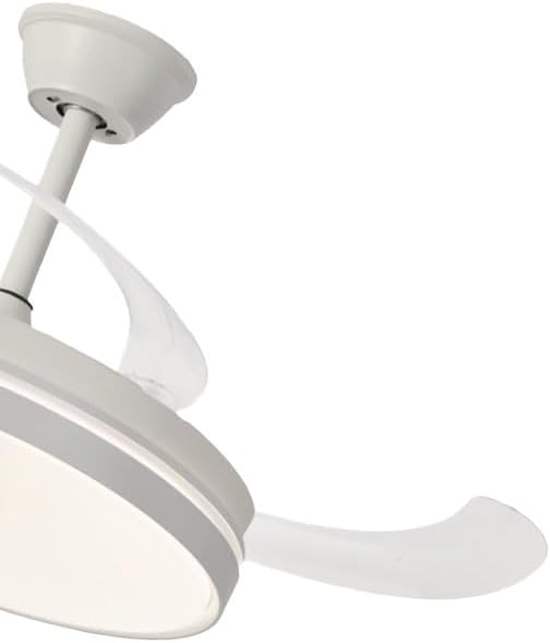 NARVI ceiling fan with blades retracted, showing the white polycarbonate chassis and integrated LED light.