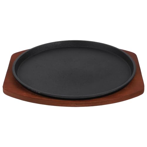 NOLITOY Sartén para Carne de Hierro Fundido 25 Cm Base de Madera, Plato para Servir Parrilla, Antiadherente, Adecuado para Cocina Doméstica y Barbacoa al Aire Libre