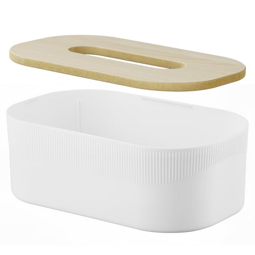 Voency Kosmetiktücherbox, 21×13×7cm PP Material Taschentuchbox,Tücherbox mit Holzdeckel, modernes Design Taschentuchbox für Esszimmer Badezimmer Schlafzimmer Büro Couchtisch Auto, weiß