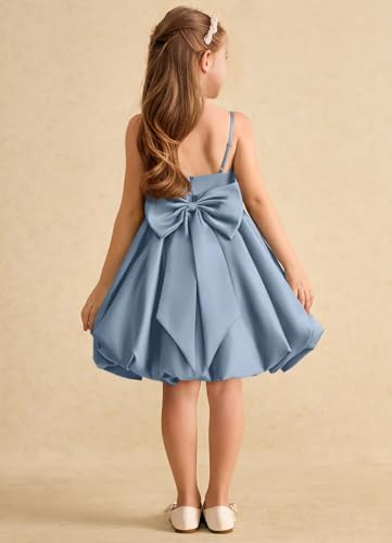 Girls Spaghetti Straps Satin Flower Girl Dresses for Wedding Pageant Party Cute Bow Knot Formal Mini Bubble Dress2