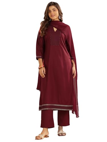 Image of Libas Maroon Yoke Design Viscose Straight Kurta set for Women | daily wear suit