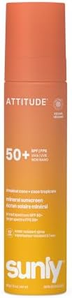 ATTITUDE Mineral Sunscreen Lightweight Lotion SPF 50, Broad Spectrum Zinc Oxide, EWG Verified, Non-Nano, Water-Resistant 80 Minutes, Non-Greasy for Face & Body, Vegan, Tropical Coco Scent, 80 grams