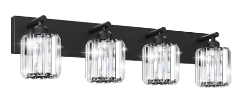 Image of Black Crystal Bathroom Vanity Light, 4-Light Modern Bathroom Lighting Fixtures Over Mirror, Matte Black Wall Sconce Light Fixtures with Round Shade