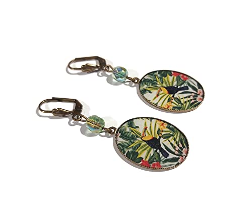 Boucles d'oreilles oiseau en laiton bronze et résine aux détails précieux