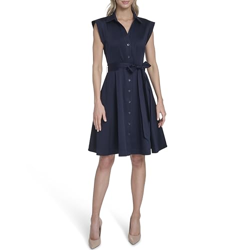 Calvin Klein Women's Cap Sleeve Collared Neck Solid Cotton Self Tie A-line Dress, Indigo, 14