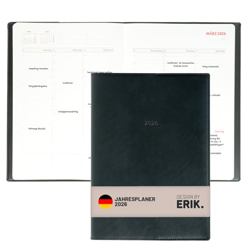 Grupo Erik Kalender 2026 Buchkalender Terminplaner A4 Planer - Geschäftsterminplaner Schwarz 21 x 29,7 cm - Jahreskalender Buch Terminkalender 2026 A4 auf Deutsch
