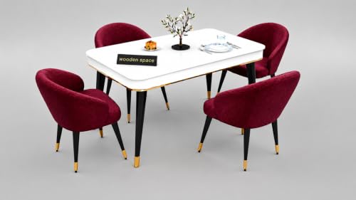 Image of WOODEN SPACE Majestic 4 Seater Wooden Dining Table Set | Urban Marble Top Dining Table with Chairs for Dining Room & Kitchen (Modern Classic Maroon) (54 x 36 x 30 inch)