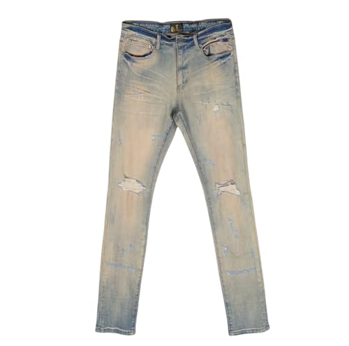 Men's Mid-Thigh Fitted Denim Jeans, Straight-Leg, with Frayed Holes and Tie-dye Design, Casual Streetwear Men's Jeans