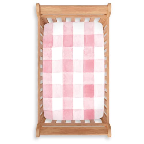 Dear Baby Gear Deluxe Crib Sheet Cotton Polyester Baby Crib Sheets, Soft Machine-Washable Crib Mattress Sheet, Baby Bed Sheets - Watercolor White Pink Plaid - 52"X28"X10" #TOP23