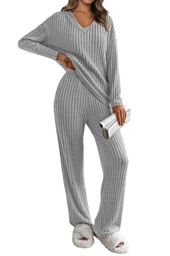 PRETTYGARDEN Women's 2 Piece Lounge Sets Ribbed Knit Long Sleeve V Neck Pullover Tops Wide Leg Pants Fall Winter Outfits (Grey,Small)