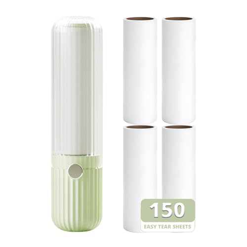 Sgdazo Compact Lint Roller with 150 Sheets - Portable Pet Hair Remover for Clothes, Furniture, and Travel Essentials Household Use, 1 Handle+5 Roller Refills (Green)