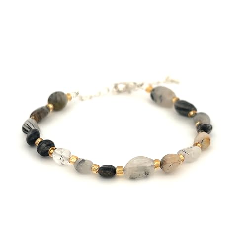 JoyasMinerales Bracelets en Éclats de Pierres Naturelles avec Fermoir | Taille Réglable | Pierres 100% Authentiques - Inclus Boîte à Bijoux (Quartz noir...