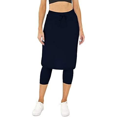 Womens Tennis Skirt with Built in Capri Leggings 20" Knee Length Skorts Skirts Drawstring Golf Skirts Skirted Leggings Navy Blue Cover