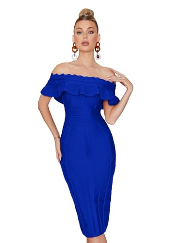 Off Shoulder Bandage Dresses for Women Wedding Guest Dress Party Midi Formal Gowns Evening Dress(Blue,L)