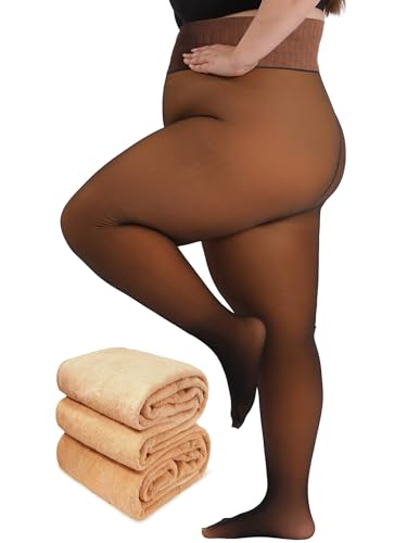 Image of Plus Size Fleece Lined Tights Women, Control Top Thermal Tights for Women, Fake Translucent Winter Warm Tights