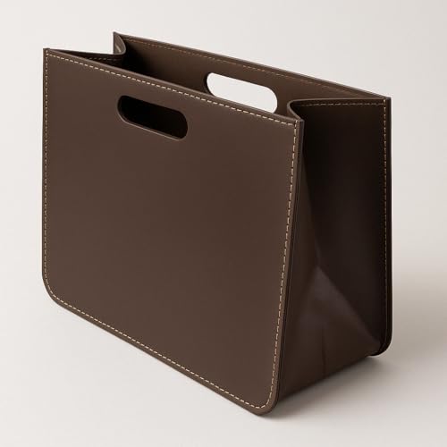 Revistero de Polipiel Plegable Marrón - Cesta con Asas de Cuero Sintético para Almacenaje de Revistas, Periódicos, Libros y Documentos en Salón, Sofá u Oficina - Organizador Funcional para Hogar