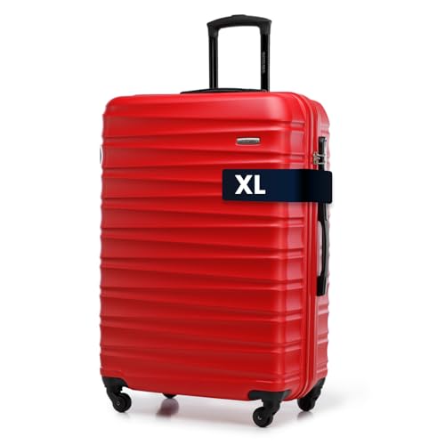 WITTCHEN Reisekoffer Groß Rollkoffer Trolley Großer Koffer Check-In Gepäck Hartschale aus ABS 4 Spinner-Rollen Zahlenschloss Groove Line Größe L rot Lufthansa/Eurowings/Ryanair