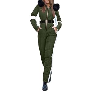 Couawaticy Combinaison de neige une pièce pour femme, imperméable, coupe-vent, isolée, avec capuche, pour le ski, le snowboard et les sports d'hiver en plein air, Vert militaire., XL