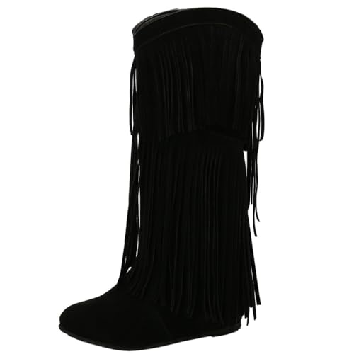 DINTAHA Flat Fringe Cowboy Boots Faux Suede Cowgirl Boots Knee High Boots Flat Tassel Western Boots