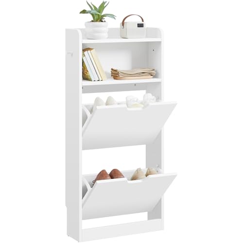 Yaheetech Zapatero Estrecho Mueble Entrada Recibidor con 2 Puertas y Compartimento Abierto Zapatero Moderno Autoportante Armario de Madera Pasillo 50x17x108 cm Blanco