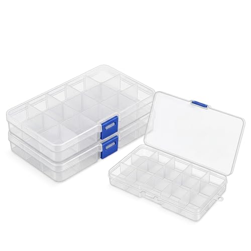 GWEOR Lot de 3 Boîtes de Rangement en Plastique avec 15 Compartiments Amovibles, Organisateur Transparent pour Bijoux, Perles, Accessoires de Couture et...