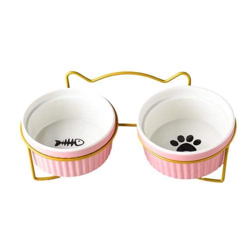 DREAM STYLE 猫 えさ 皿 食器 フードボウル みずのみ器 ご飯台 食べやすい 頸椎を保護する 犬 餌入れ 水入れ ペット食器 猫 犬 取り外し式 ペットウォーターボトル 洗いやすい (11.8×5.3CM,ピンク【黄色の鉄フレーム】)
