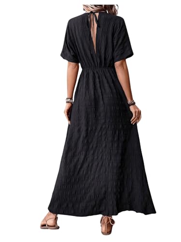 Image of SweatyRocks Women's Batwing Short Sleeve V-Neck Dress Casual High Waist A-Line Flowy Maxi Dress Black Small