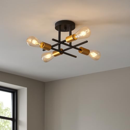 maolo Lampadario Sputnik Moderna 4/6 Luci E27 | Design Industriale in Metallo Nero e Ottone Satinato | Plafoniera Vintage per Soggiorno, Cucina, Camera da Letto, Ø33/52 cm (4 Luci)